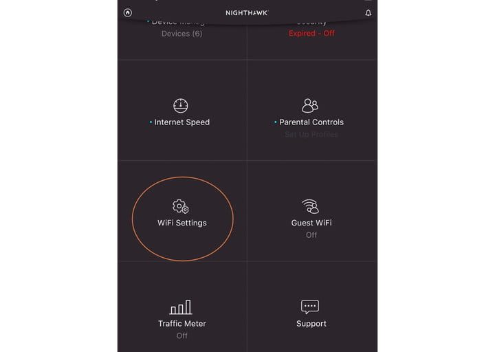 The Nighthawk app showing Wi-Fi settings.