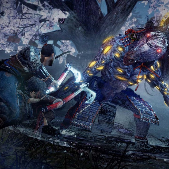 The protagonist of Nioh 2 going up against a massive horse-like demon.