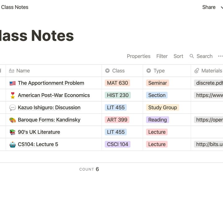 Notion for Education desktop app screenshot showing an example of organized class notes.