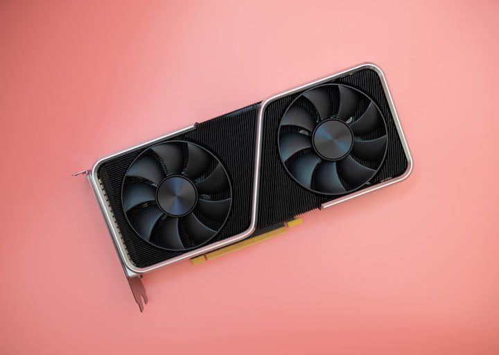Nvidia RTX 3060 Ti Founders Edition on a pink background.