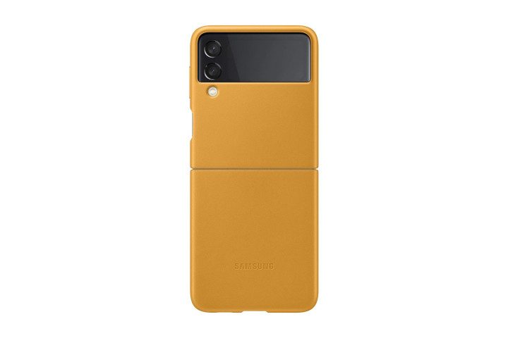 Official Samsung Leather Cover for the Samsung Galaxy Z Flip 3 in Mustard.