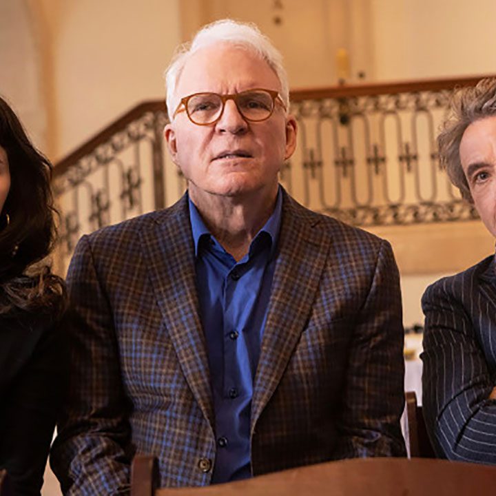 Selena Gomez, Steve Martin, and Martin Short in a scene from Only Murders in the Building.