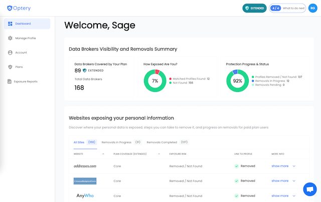 Optery dashboard