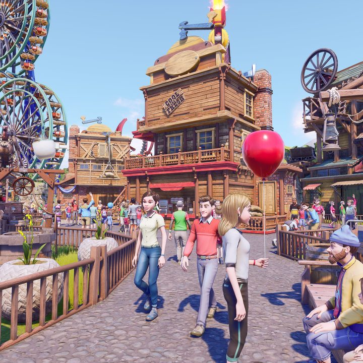 Guests walk around an amusement park in Park Beyond