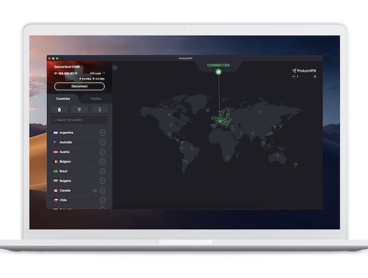 A rendering of ProtonVPN open on a Macbook against a white background.