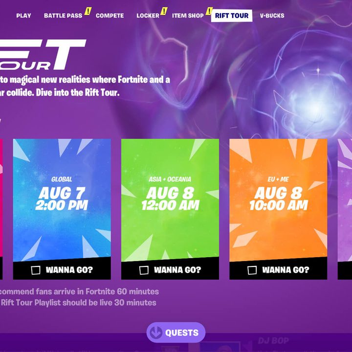 A screen that let's players RSVP for an Ariana Grande concert in Fortnite.