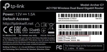 Text on the back of a router showing the access website and default password.
