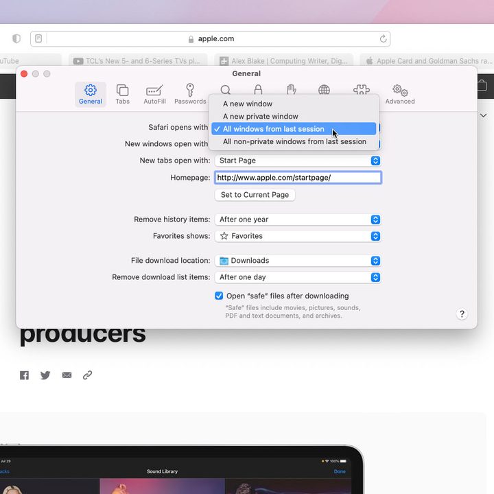 The preferences pane in use in Safari on MacOS Monterey.