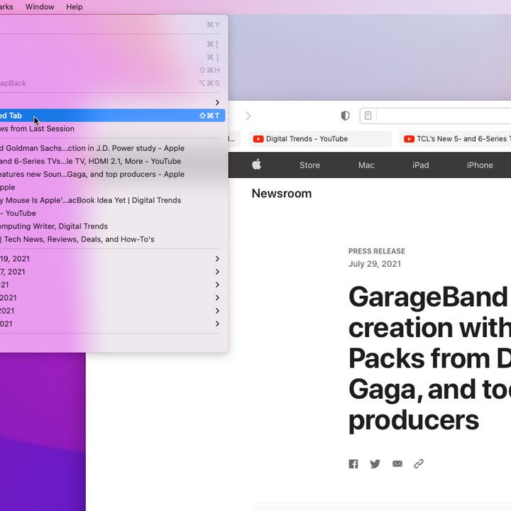The history menu in Safari on MacOS Monterey.