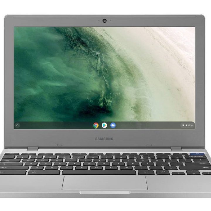 Samsung CB4 Chromebook in gray with a landscape image on the display.