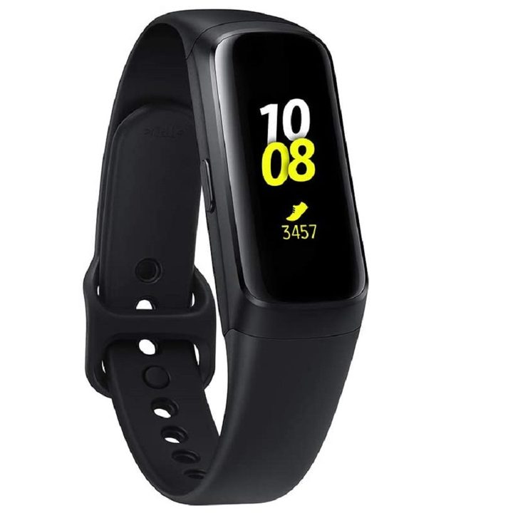 Black Samsung smartwatch showing time and step count on the screen.