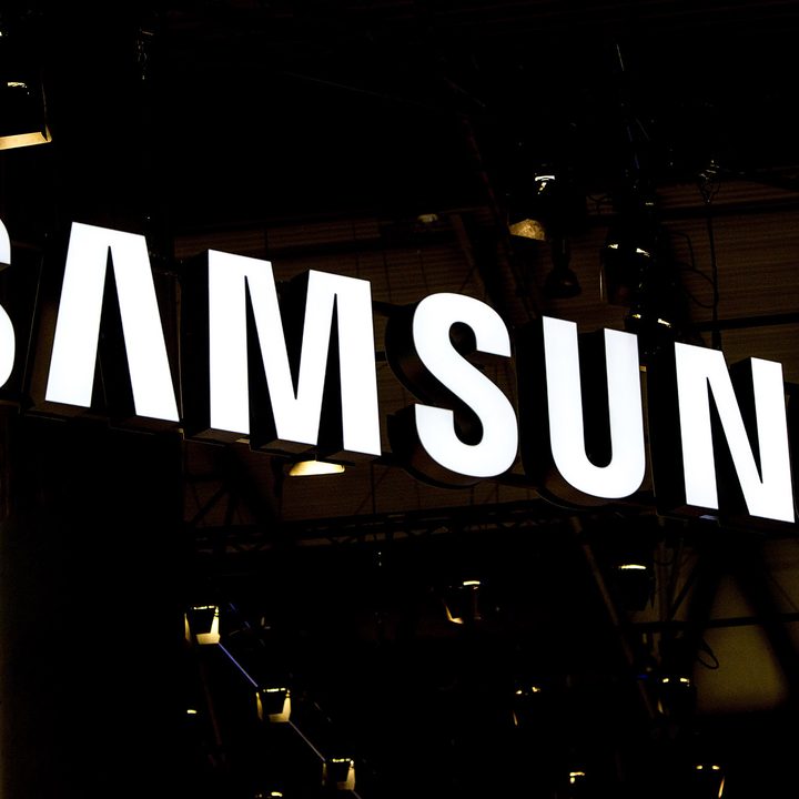 Samsung logo sign at the Mobile World Congress.