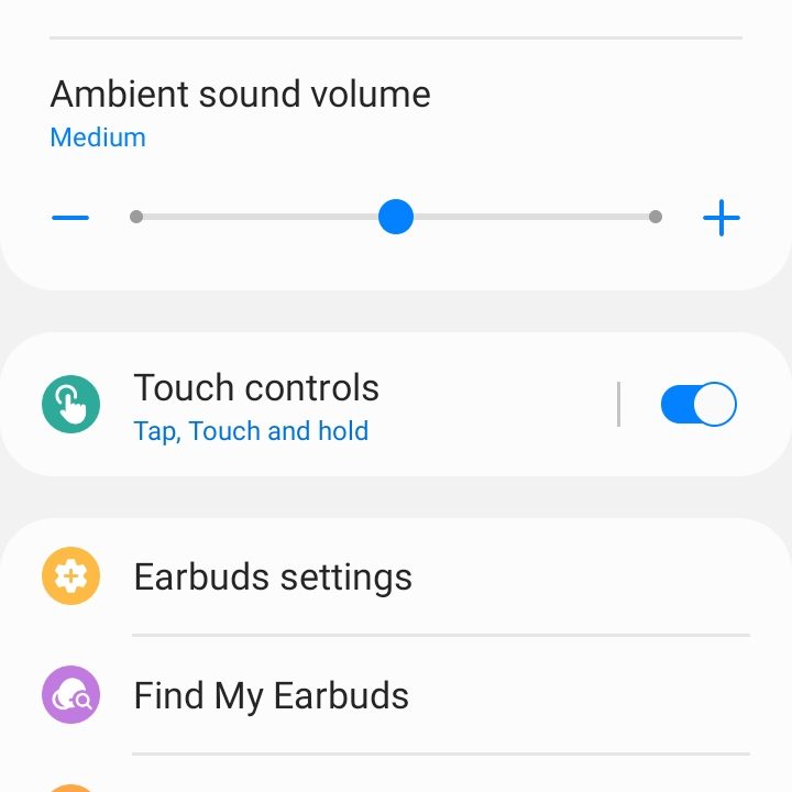 Samsung Galaxy Wearables app showing controls for Samsung Galaxy Buds 2.