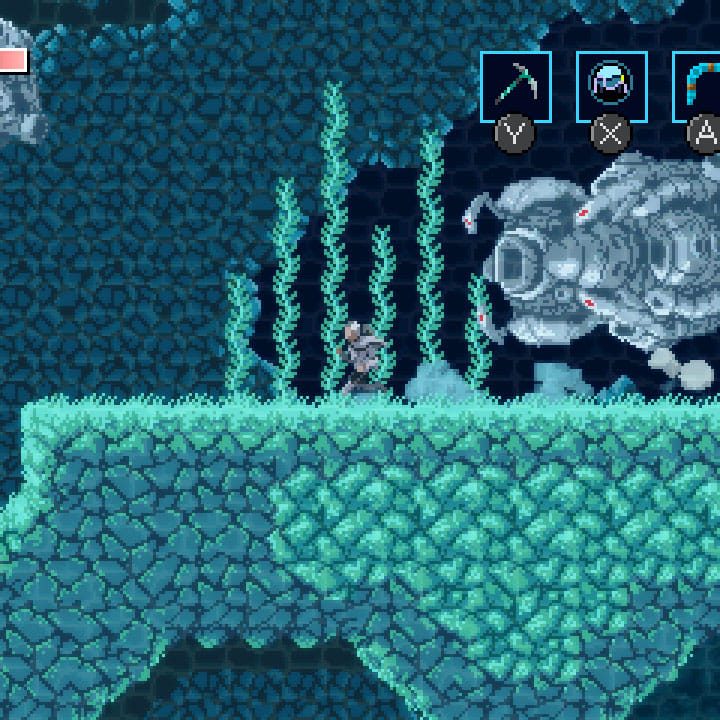 The main character of Axiom Verge 2 runs from a robot monster.