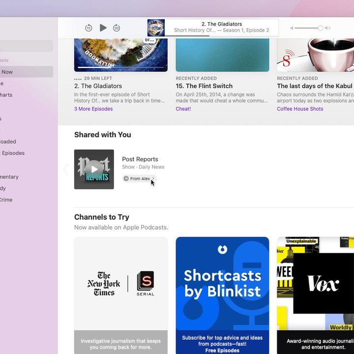 Shared With You content in the Podcasts app in MacOS Monterey.