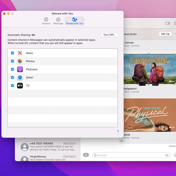 Adjusting Shared with You settings in the Messages app in MacOS Monterey.