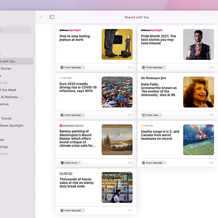 Received news stories in the Shared with You Section of the News app, running on MacOS Monterey.
