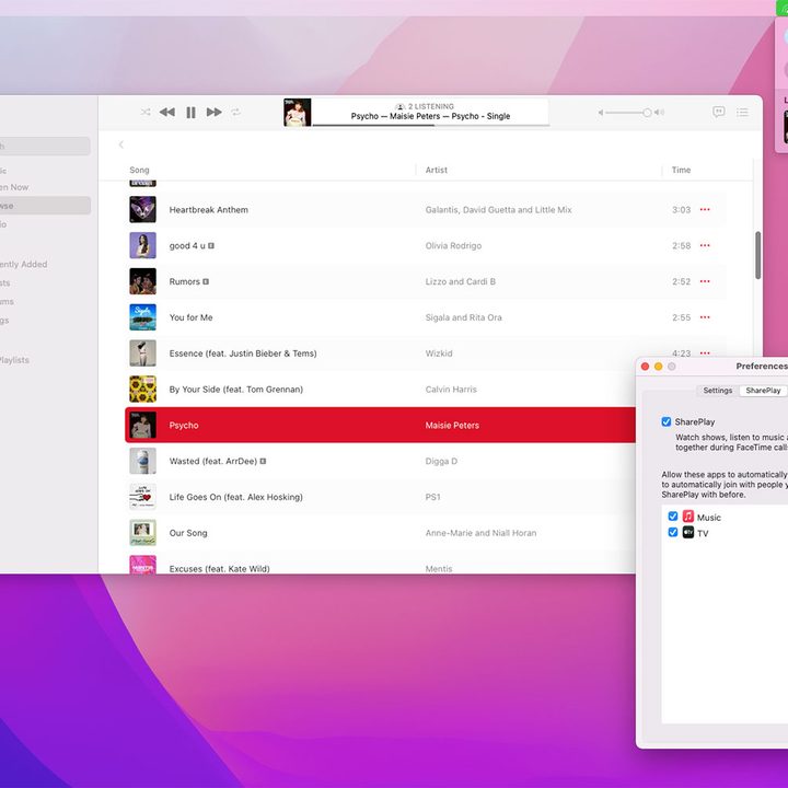 Apple Music and the FaceTime preferences pane being used during a SharePlay session on a Mac running MacOS Monterey.