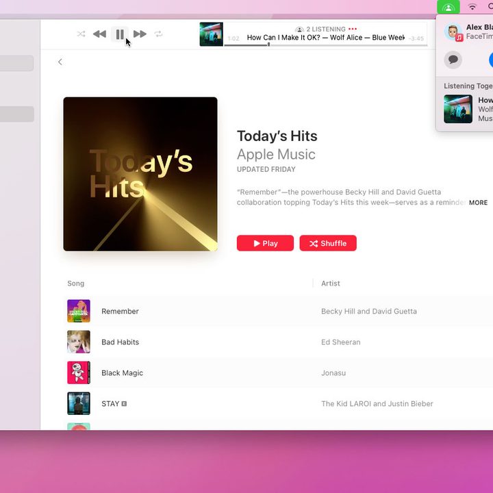 Apple Music sharing content using SharePlay on a Mac running MacOS Monterey.