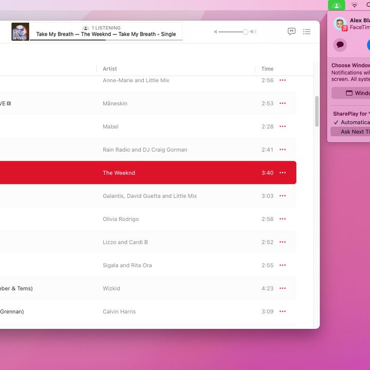 A track being shared from Apple Music using SharePlay on a Mac running MacOS Monterey.