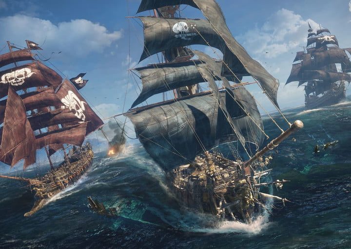 Ships fire at each other on the high seas in Skull & Bones promo images.