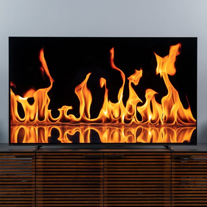 Flames on the screen of a Sony A80J 4K HDR OLED TV.