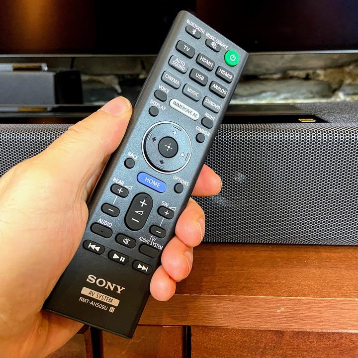 Sony HT-A7000 Dolby Atmos soundbar close-up of remote control.