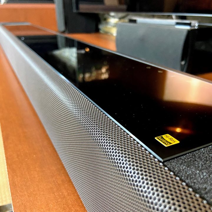 Sony HT-A7000 Dolby Atmos soundbar close-up of top panel.