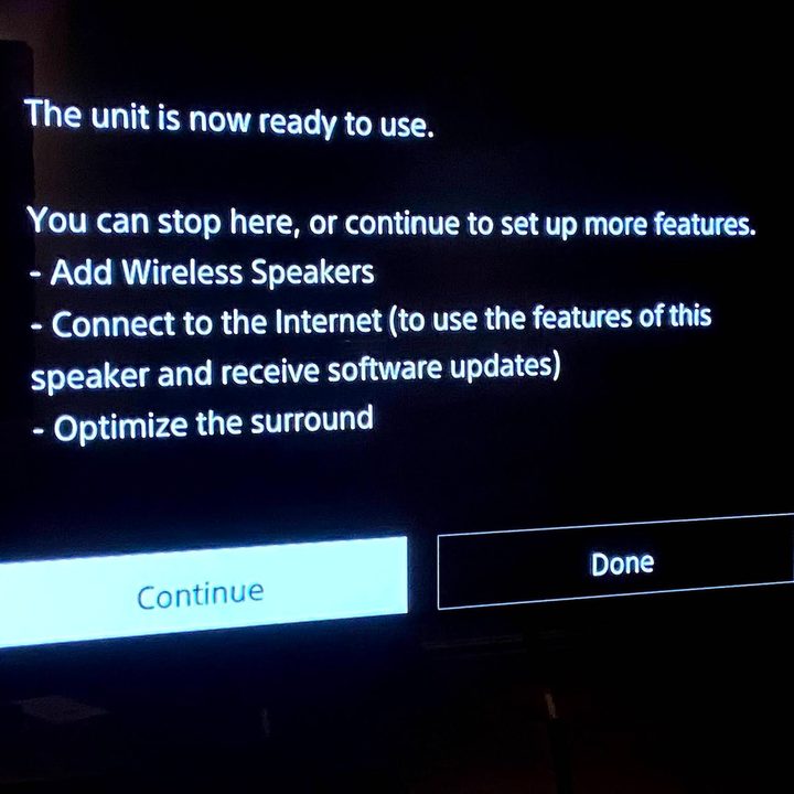 Sony HT-A7000 Dolby Atmos soundbar on-screen system message.