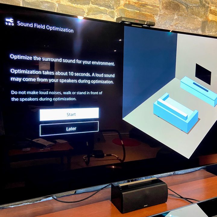 Sony HT-A7000 Dolby Atmos soundbar on-screen room calibration.