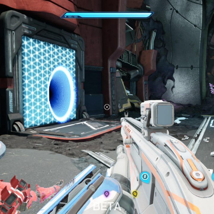 Blue portal on wall in Splitgate.