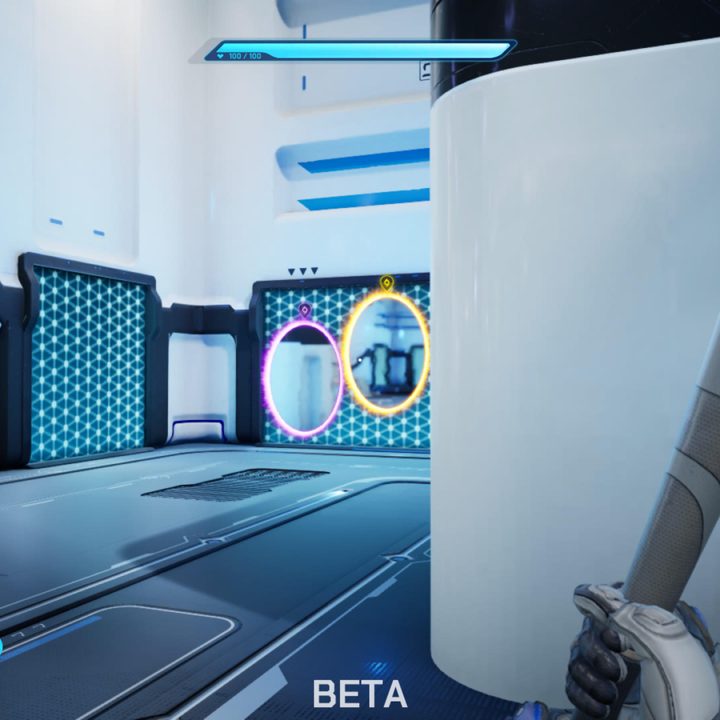 Purple and orange portals on wall in Splitgate.