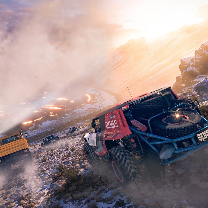Multiple cars race down a hill in Forza Horizon 5.