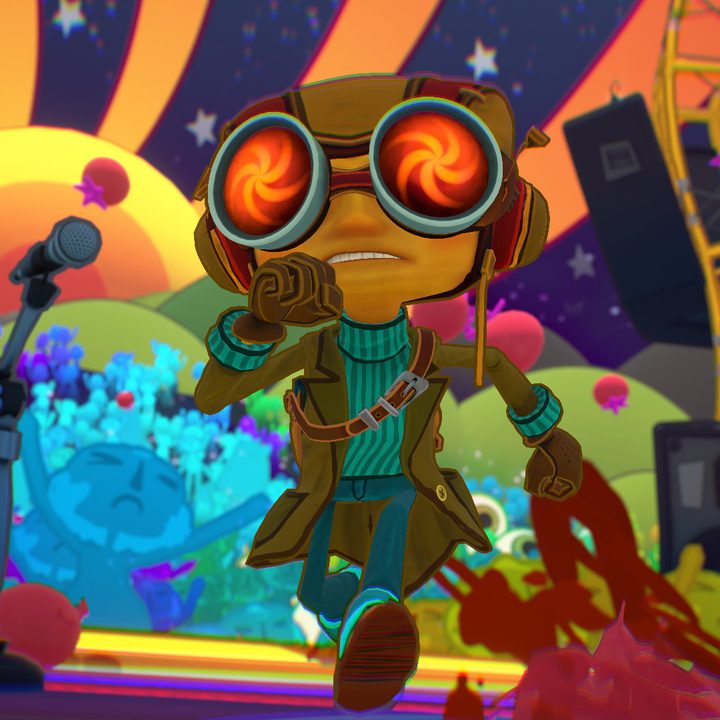 Raz runs on a colorful stage in Psychonauts 2.