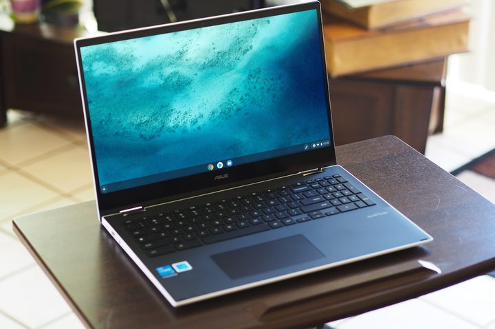 sus Chromebook Flip C536 sitting upright on desk.