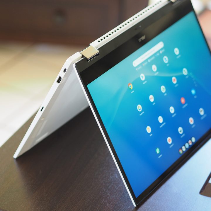 A Chromebook in tent mode.