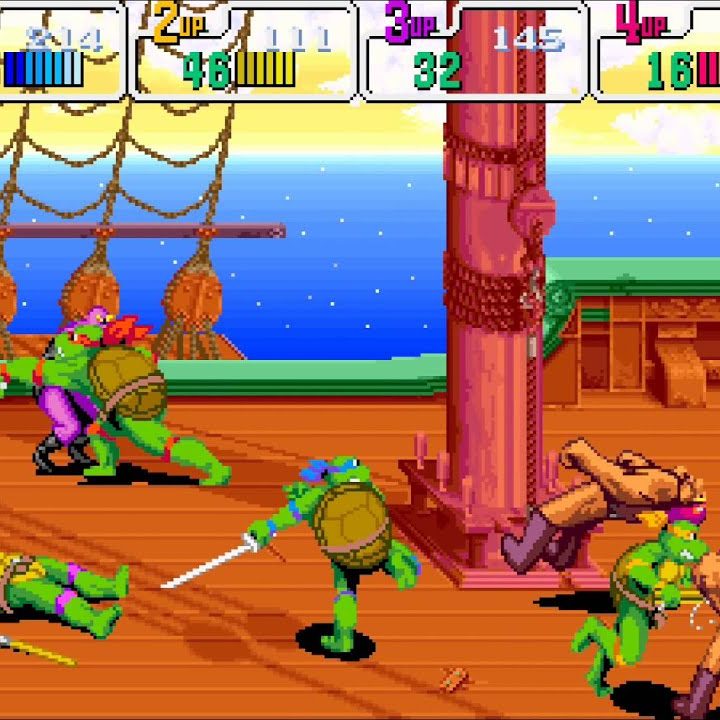 Turtles fighting enemy in Teenage Mutant Ninja Turtles Turtles in Time.