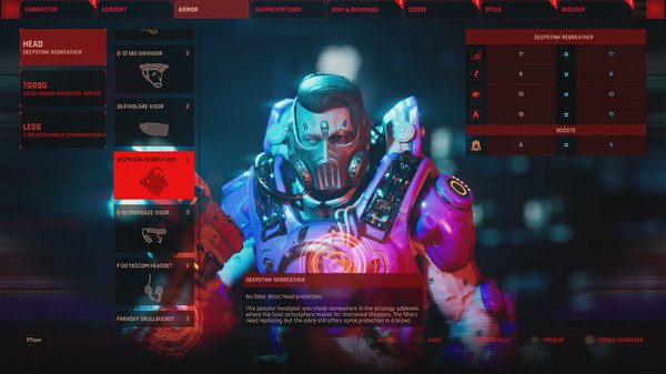 A character with a cyborg face in a menu.