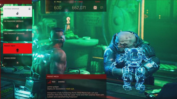 A alien behind a counter with a hologram on it.