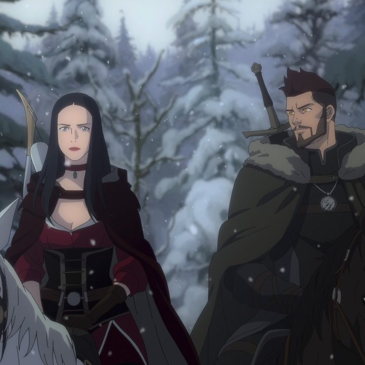 Tetra and Vesemir in a scene from The Witcher: Nightmare of the Wolf.