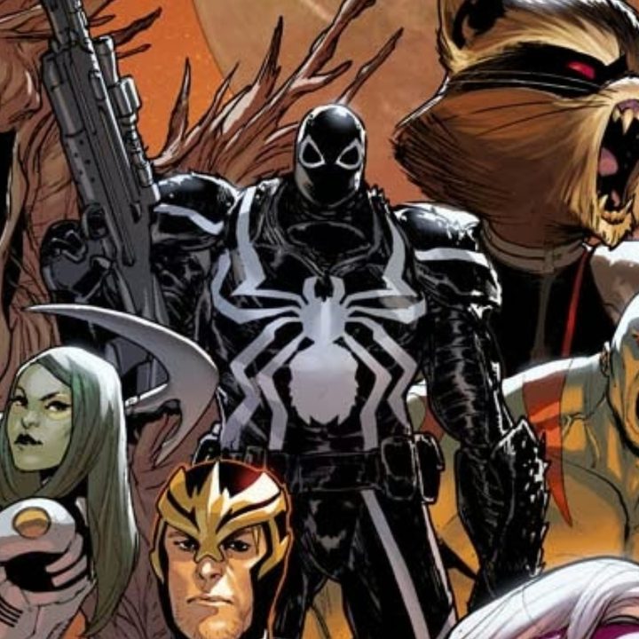 Agent Venom with the Guardians of the Galaxy in Marvel Comics.