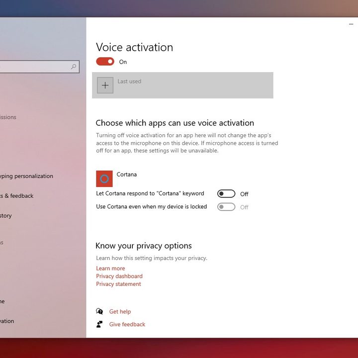 Voice Activation Settings in Windows 10.