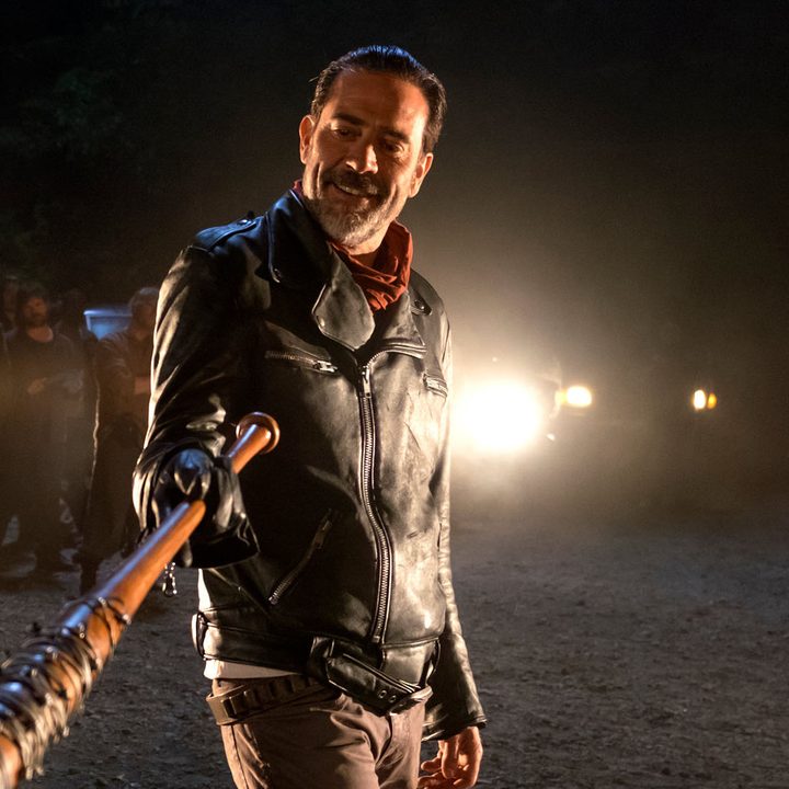 Negan from The Walking Dead holding his bared wire bat Lucille.