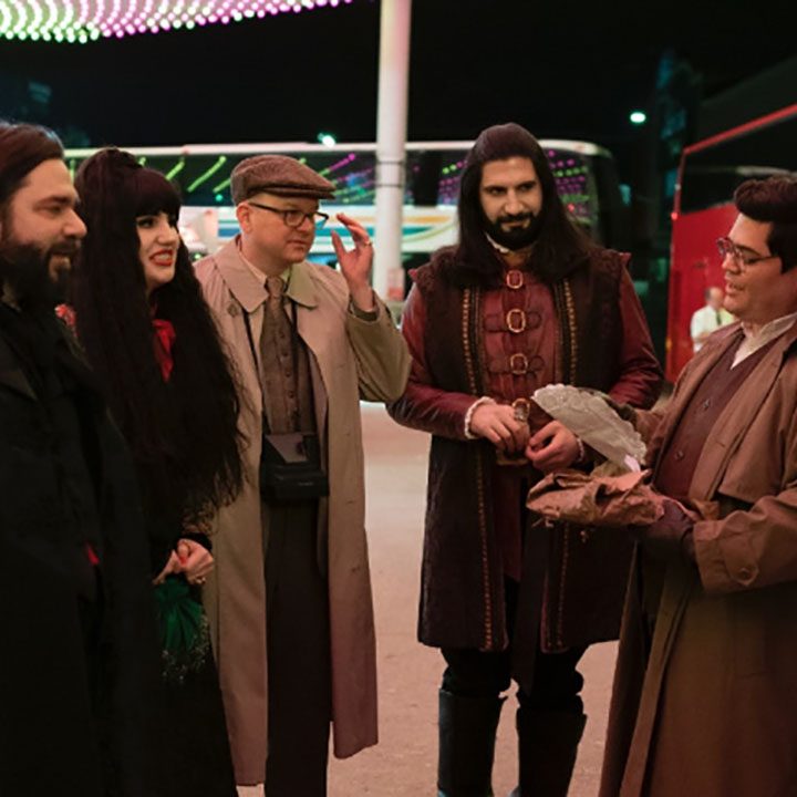 The cast of "What We Do in the Shadows" standing outside an Atlantic City casino.
