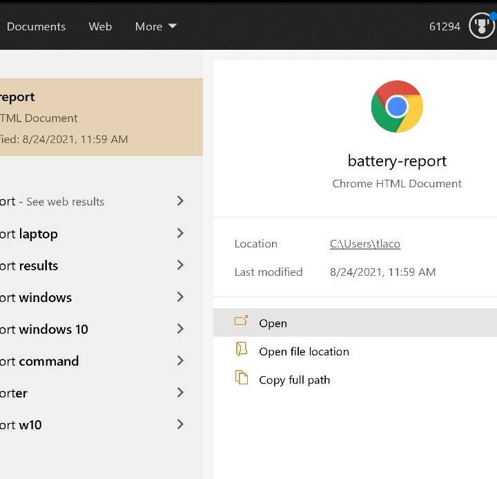 Searching for battery report in Windows.