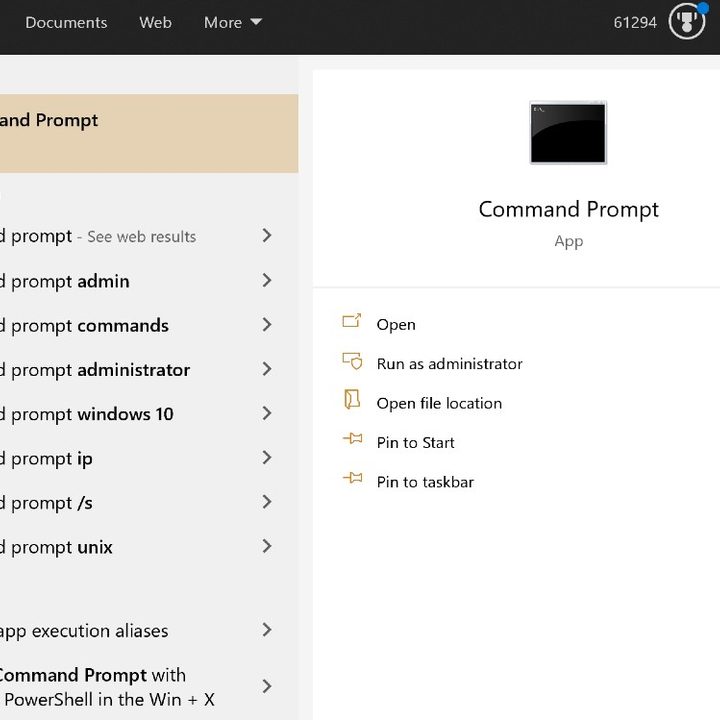 Windows search results for command prompt.