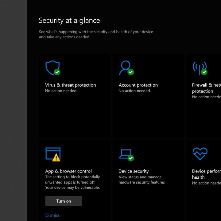 Windows security home screen.