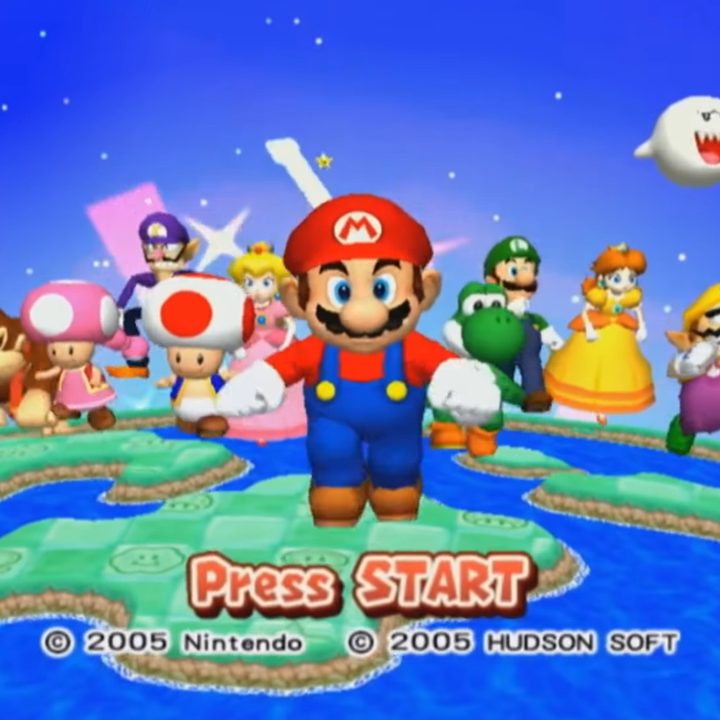 Mario running on the globe followed by everyone else.