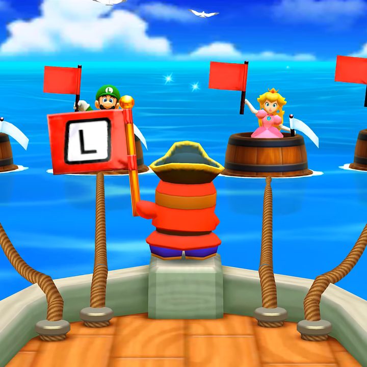Shyguy holding up a red flag on a boat.