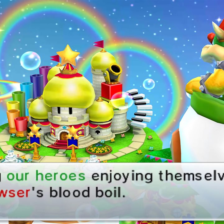 Bowser looking at a floating kingdom.